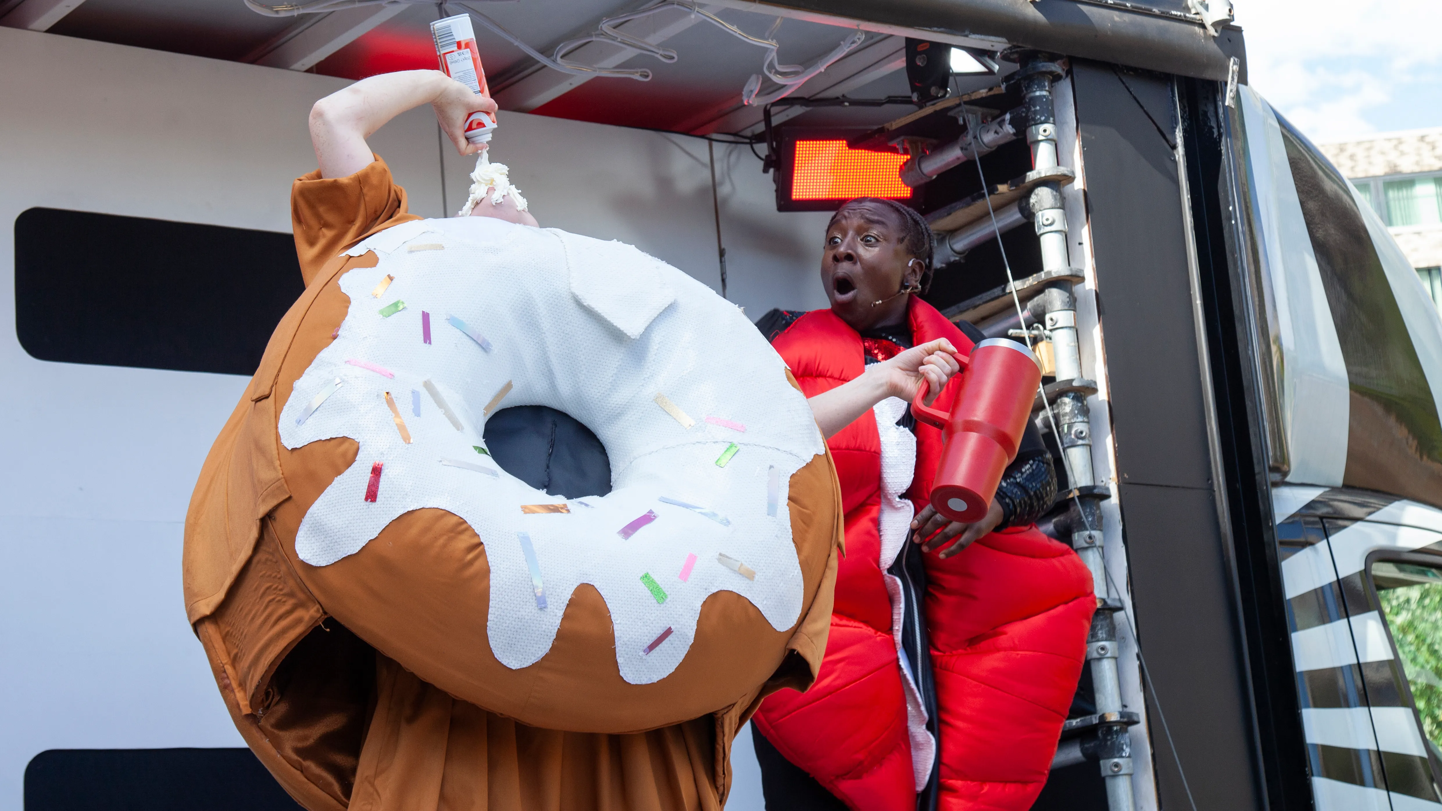 Doughnut sprays cream on their head as Mouth gasps
