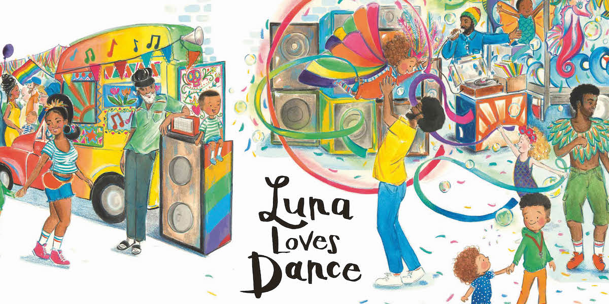 An illustrated picture of a large group of people partying, whirling streamers and dancing. Text on the image reads. 'Luna Loves Dance'